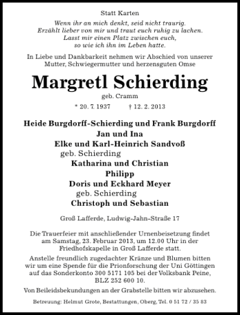 Traueranzeige von Margretl Schierding von Hildesheimer Allgemeine Zeitung