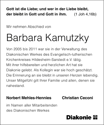 Traueranzeige von BARBARA KAMUTZKY von Hildesheimer Allgemeine Zeitung