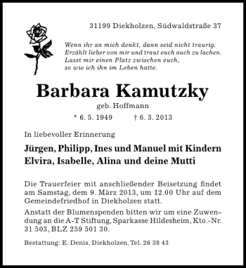 Traueranzeige von Barbara Kamutzky von Hildesheimer Allgemeine Zeitung