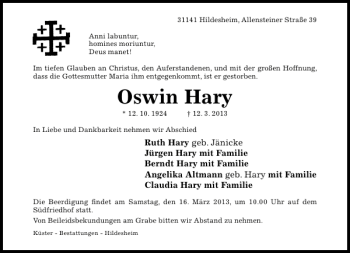 Traueranzeige von Oswin Hary von Hildesheimer Allgemeine Zeitung