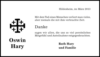 Traueranzeige von Oswin Hary von Hildesheimer Allgemeine Zeitung