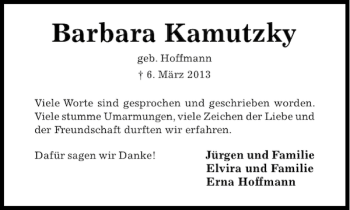 Traueranzeige von Barbara Kamutzky von Hildesheimer Allgemeine Zeitung