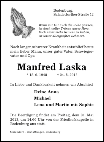 Traueranzeige von Manfred Laska von Hildesheimer Allgemeine Zeitung