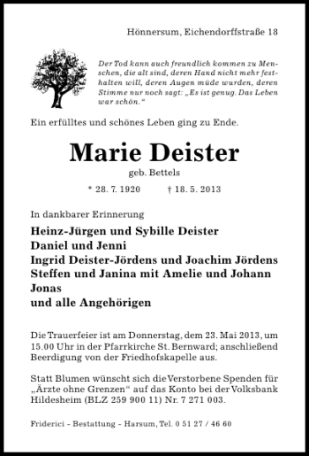 Traueranzeige von Marie Deister von Hildesheimer Allgemeine Zeitung