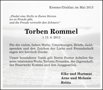 Traueranzeige von Torben Rommel von Hildesheimer Allgemeine Zeitung