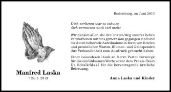 Traueranzeige von Manfred Laska von Hildesheimer Allgemeine Zeitung