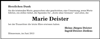 Traueranzeige von Marie Deister von Hildesheimer Allgemeine Zeitung