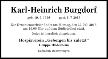 Traueranzeige von Karl-Heinrich Burgdorf von Hildesheimer Allgemeine Zeitung