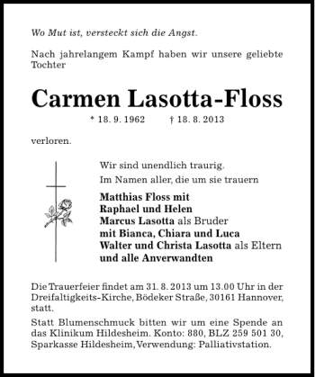 Traueranzeige von Carmen-Maria Lasotta-Floss von Hildesheimer Allgemeine Zeitung