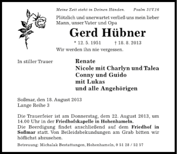 Traueranzeige von Gerd Hübner von Hildesheimer Allgemeine Zeitung