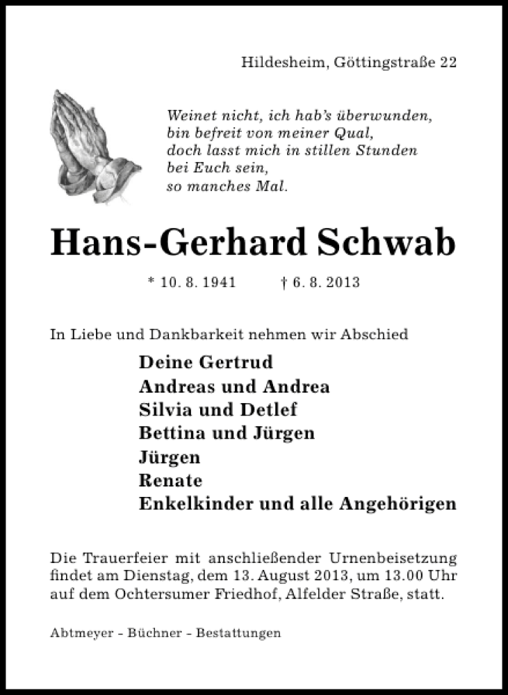  Traueranzeige für Hans-Gerhard Schwab vom 10.08.2013 aus Hildesheimer Allgemeine Zeitung