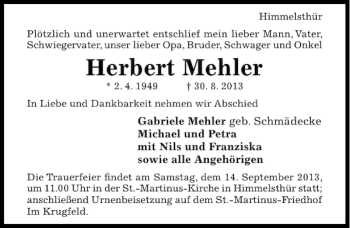 Traueranzeige von Herbert Mehler von Hildesheimer Allgemeine Zeitung