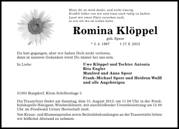 Traueranzeige von Romina Klöppel von Hildesheimer Allgemeine Zeitung