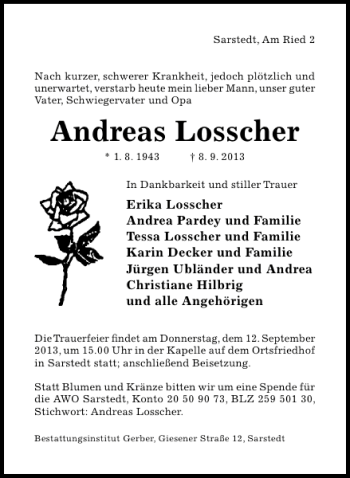 Traueranzeige von Andreas Losscher von Hildesheimer Allgemeine Zeitung