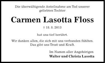 Traueranzeige von Carmen Lasotta Floss von Hildesheimer Allgemeine Zeitung