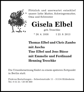 Traueranzeige von Gisela Elbel von Hildesheimer Allgemeine Zeitung