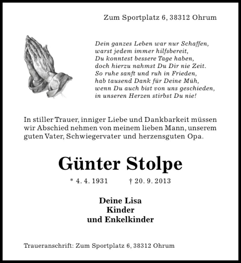  Traueranzeige für Günter Stolpe vom 25.09.2013 aus Hildesheimer Allgemeine Zeitung
