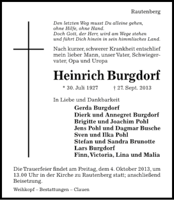 Traueranzeige von Heinrich Burgdorf von Hildesheimer Allgemeine Zeitung