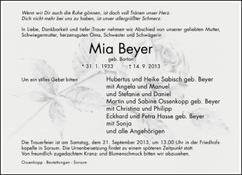 Traueranzeigen von Mia Beyer | Trauerportal Hildesheimer Allgemeine Zeitung