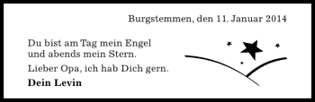 Traueranzeige von Burgstemmen Tag Engel und abends Stern. Opa  von Hildesheimer Allgemeine Zeitung