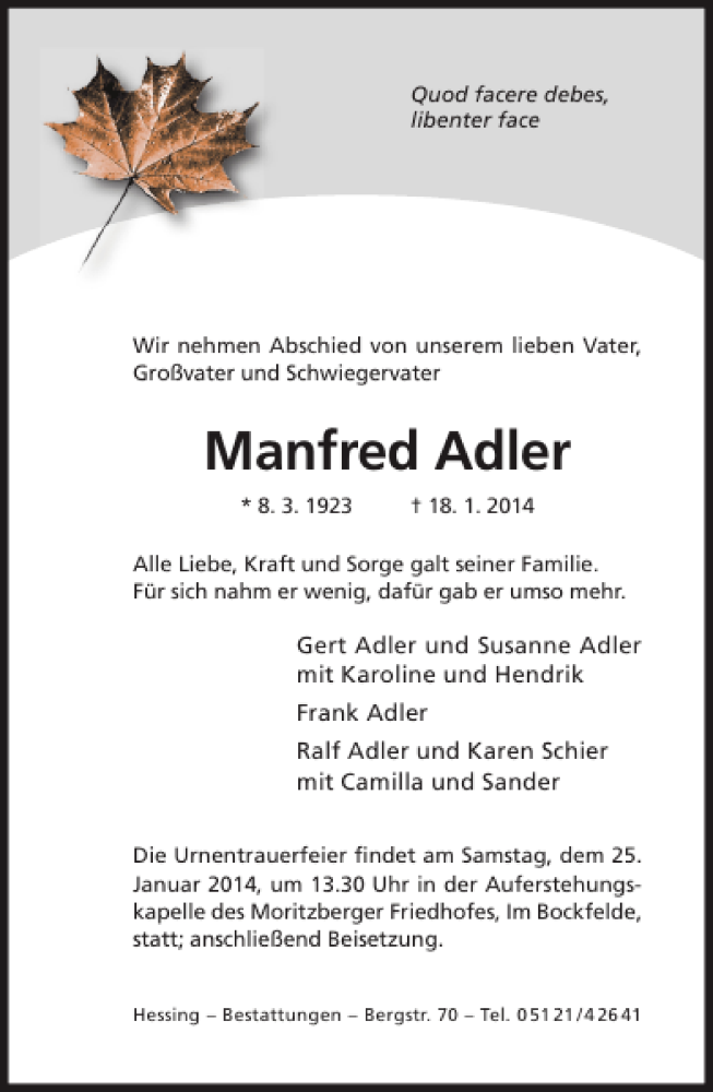 Traueranzeigen von Manfred adler | Trauerportal Hildesheimer Allgemeine ...