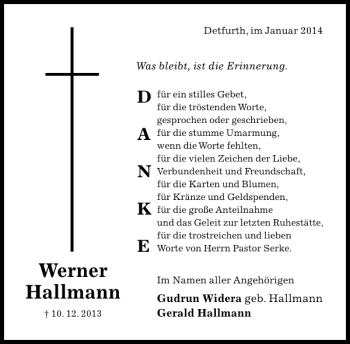 Traueranzeige von Werner Hallmann von Hildesheimer Allgemeine Zeitung