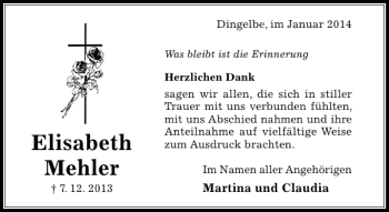 Traueranzeige von elisabeth mehler von Hildesheimer Allgemeine Zeitung