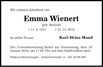 Traueranzeige von emma wienert von Hildesheimer Allgemeine Zeitung