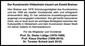 Traueranzeige von Der Kunstverein Hildesheim um Ewald Breloer  von Hildesheimer Allgemeine Zeitung