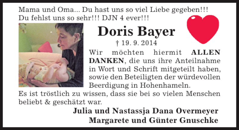 Traueranzeige für Doris Bayer vom 11.10.2014 aus Hildesheimer Allgemeine Zeitung
