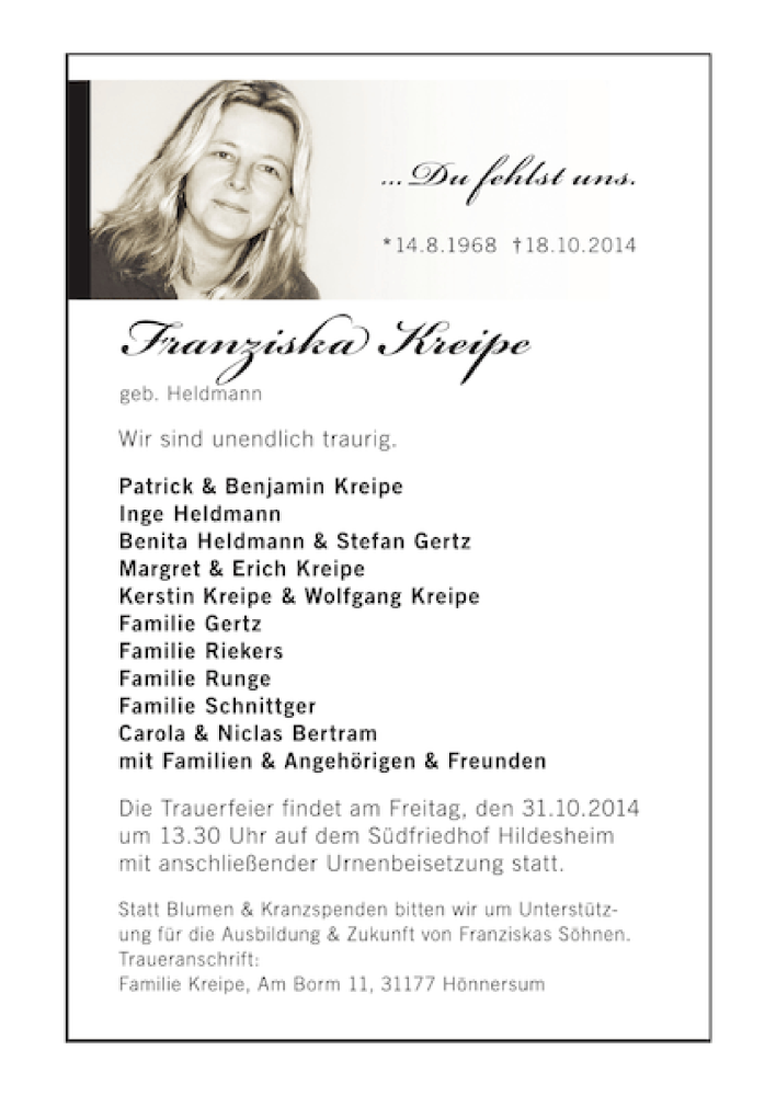  Traueranzeige für Franziska Kreipe vom 28.10.2014 aus Hildesheimer Allgemeine Zeitung