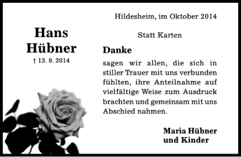 Traueranzeige von Hans Hübner von Hildesheimer Allgemeine Zeitung