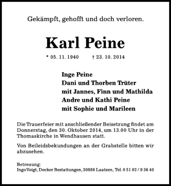 Traueranzeige von Karl Peine von Hildesheimer Allgemeine Zeitung