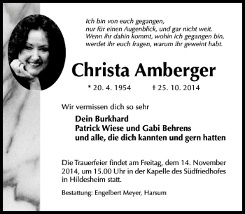 Traueranzeige von Christa Amberger von Hildesheimer Allgemeine Zeitung