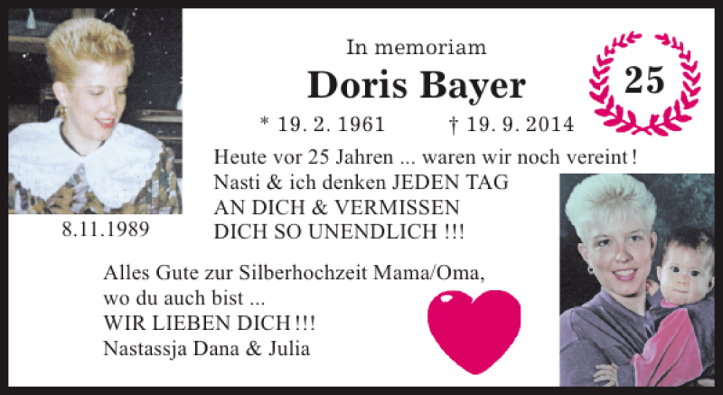  Traueranzeige für Doris Bayer vom 08.11.2014 aus Hildesheimer Allgemeine Zeitung