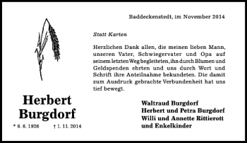 Traueranzeige von Herbert Burgdorf von Hildesheimer Allgemeine Zeitung