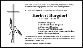 Traueranzeige von Herbert Burgdorf von Hildesheimer Allgemeine Zeitung