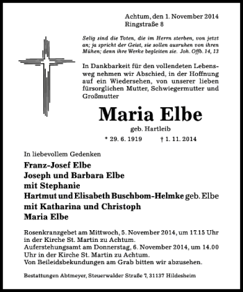 Traueranzeige von Maria Elbe von Hildesheimer Allgemeine Zeitung