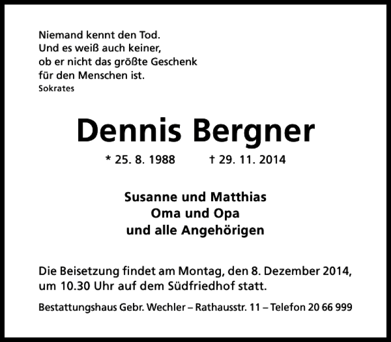  Traueranzeige für Dennis Bergner vom 03.12.2014 aus Hildesheimer Allgemeine Zeitung