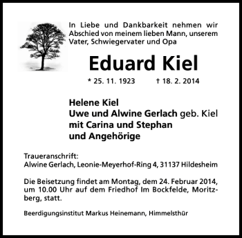 Traueranzeige von Eduard Kiel von Hildesheimer Allgemeine Zeitung