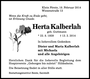 Traueranzeige von Herta Kalberlah von Hildesheimer Allgemeine Zeitung