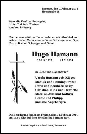 Traueranzeige von Hugo Hamann von Hildesheimer Allgemeine Zeitung