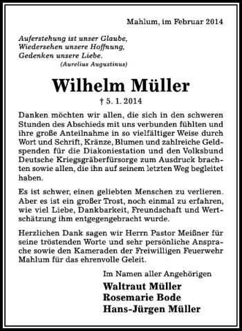Traueranzeige von Wilhelm Müller von Hildesheimer Allgemeine Zeitung