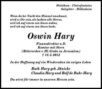 Traueranzeige von Oswin Hary von Hildesheimer Allgemeine Zeitung