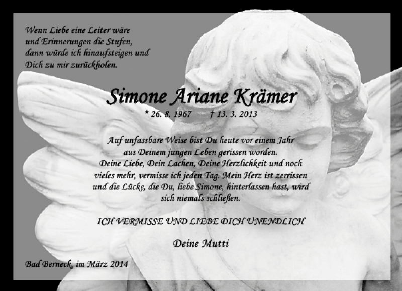  Traueranzeige für Simone Ariane Krämer vom 13.03.2014 aus Hildesheimer Allgemeine Zeitung