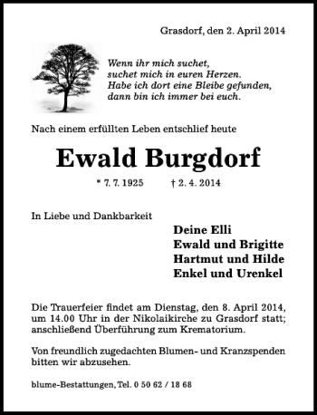 Traueranzeige von Ewald Burgdorf von Hildesheimer Allgemeine Zeitung