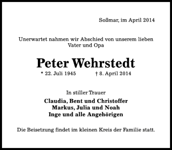 Traueranzeige von Peter Wehrstedt von Hildesheimer Allgemeine Zeitung