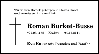 Traueranzeige von Roman Burkot-Busse von Hildesheimer Allgemeine Zeitung