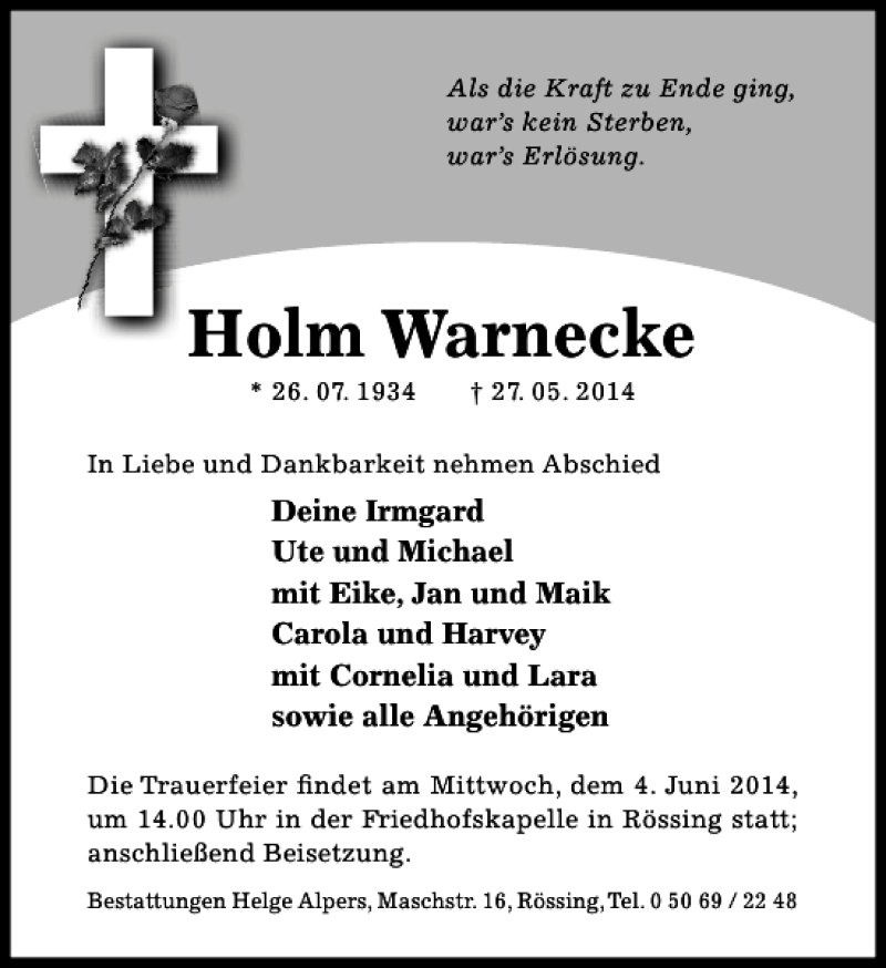  Traueranzeige für Holm Warnecke vom 31.05.2014 aus Hildesheimer Allgemeine Zeitung