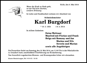 Traueranzeige von Karl Burgdorf von Hildesheimer Allgemeine Zeitung